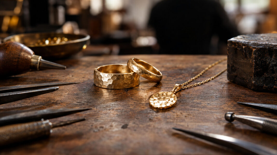 Goldschmiede Goldringe auf der Werkbank einer Goldschmiede