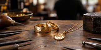 Goldringe auf der Werkbank einer Goldschmiede
