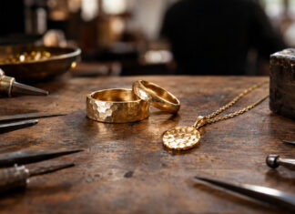 Goldringe auf der Werkbank einer Goldschmiede