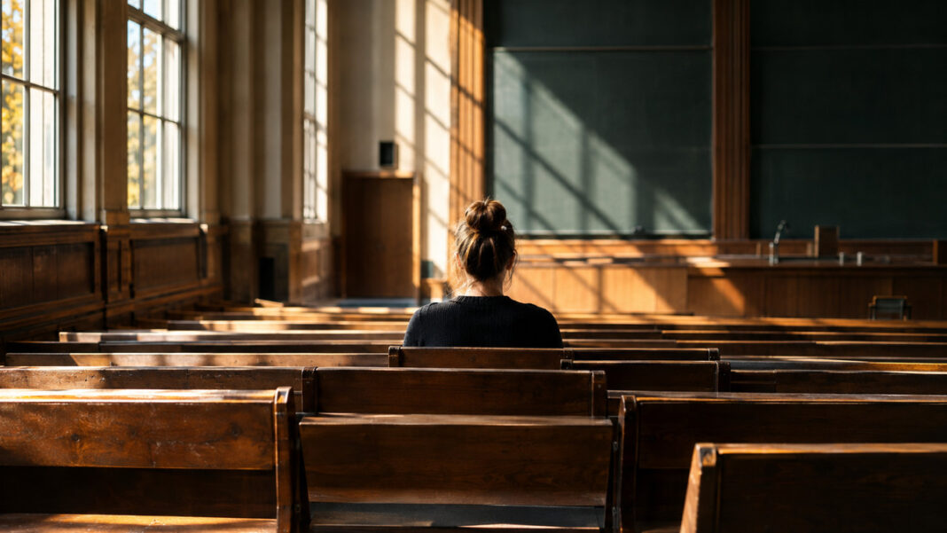 Hörsaal Leerer Hörsaal mit Holzbänken im Sonnenlicht