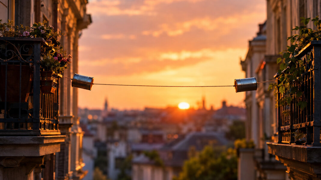 Dosentelefon Dosentelefon zwischen zwei Balkonen eines Altbaus