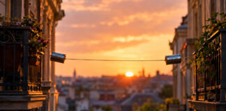 Dosentelefon zwischen zwei Balkonen eines Altbaus