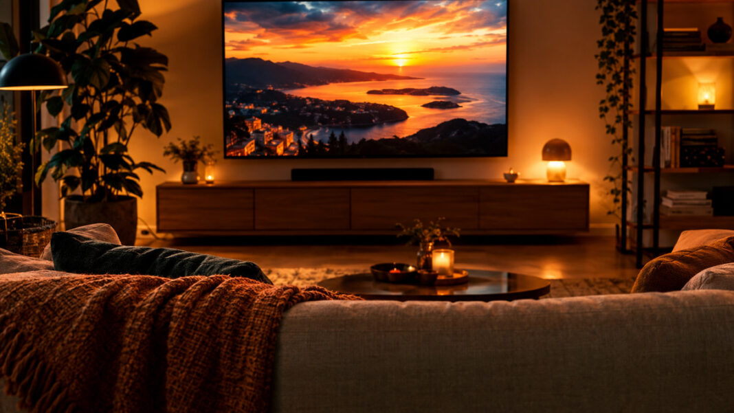 Wohnzimmer am Abend mit leuchtendem Fernseher