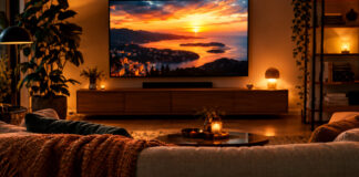 Wohnzimmer am Abend mit leuchtendem Fernseher