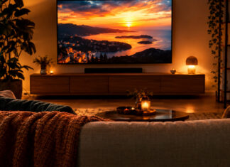 Mit Magine TV schauen immer und überall Wohnzimmer am Abend mit leuchtendem Fernseher