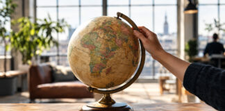Hand dreht einen alten Globus in einem hellen Loft