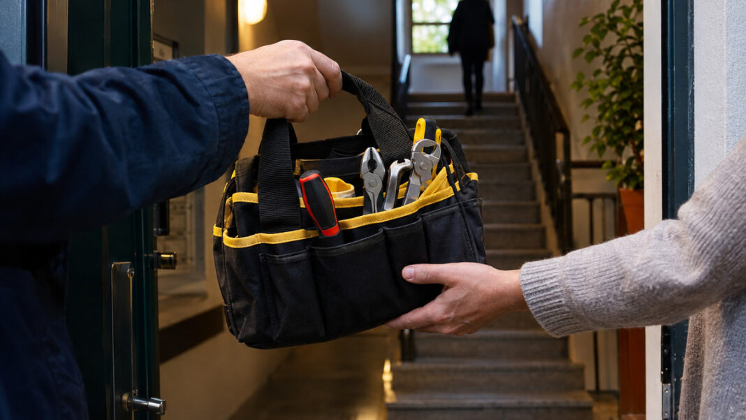Hilfe unter Nachbarn Übergabe einer Werkzeugtasche an einer Haustür