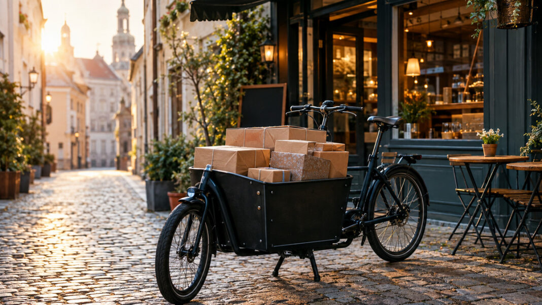 Lastenrad in der Altstadt Lastenrad mit Paketen vor einem Café in einer leeren Gasse