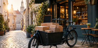 Lastenrad mit Paketen vor einem Café in einer leeren Gasse