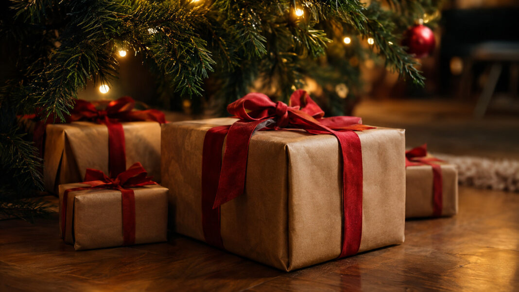 Geschenke zur Weihnachtsaktion Verpackte Geschenke unter einem Tannenzweig mit Lichterkette