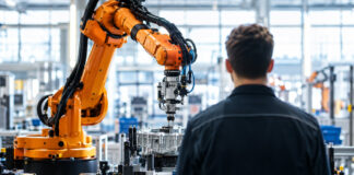 Industrieroboter in einer Fertigungshalle, Techniker schaut zu