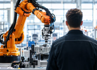 Industrieroboter in einer Fertigungshalle, Techniker schaut zu