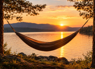 Die perfekte Hängematte für deinen Trip in die Natur – Das Startup HÄNG im Podcast-Interview Hängematte zwischen Kiefern am Seeufer