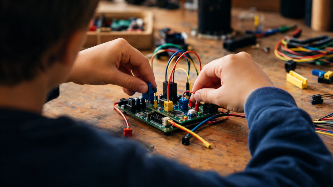 Elektronik-Bausatz Kinderhände bauen eine kleine Elektronikschaltung zusammen