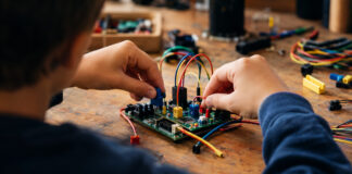 Kinderhände bauen eine kleine Elektronikschaltung zusammen