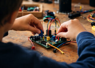 Kinderhände bauen eine kleine Elektronikschaltung zusammen