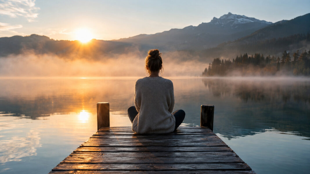 Ruhe am See Person sitzt auf einem Steg am See im Morgennebel