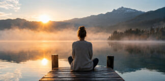 Person sitzt auf einem Steg am See im Morgennebel