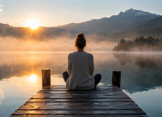 Die Top 5 Mental-Health Startups in Deutschland Person sitzt auf einem Steg am See im Morgennebel