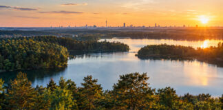 Brandenburger Seen und Wälder mit Berliner Skyline am Horizont