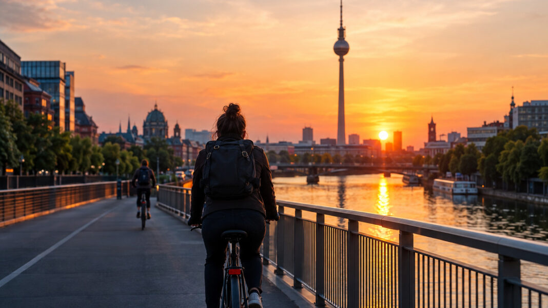 Berliner Fernsehturm und Spree im Morgenlicht mit Radfahrern