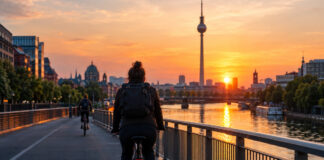 Berliner Fernsehturm und Spree im Morgenlicht mit Radfahrern