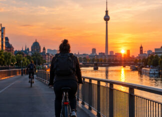 Berliner Fernsehturm und Spree im Morgenlicht mit Radfahrern