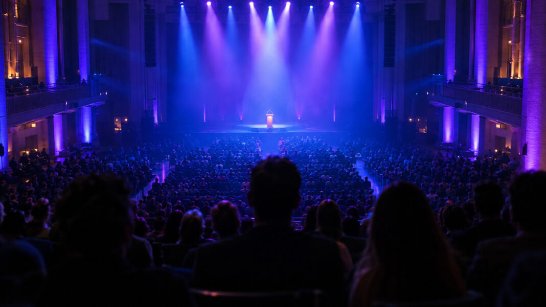 Kongresshalle Berlin, Handelskonferenz Voll besetzte Kongresshalle mit violetten Scheinwerfern und Rednerpult, von der Empore gesehen