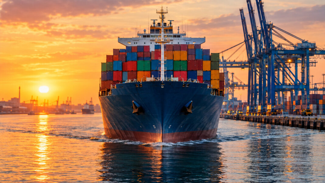 Containerschiff im Hafen Containerschiff läuft bei Sonnenaufgang in einen Hafen ein