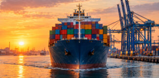 Containerschiff läuft bei Sonnenaufgang in einen Hafen ein