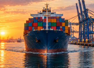 Firma im Ausland gründen: Was müssen Gründer beachten? Containerschiff läuft bei Sonnenaufgang in einen Hafen ein