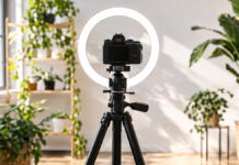 Kamera und Ringleuchte in einem kleinen Content-Studio