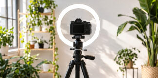 Kamera und Ringleuchte in einem kleinen Content-Studio