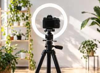 Kamera und Ringleuchte in einem kleinen Content-Studio