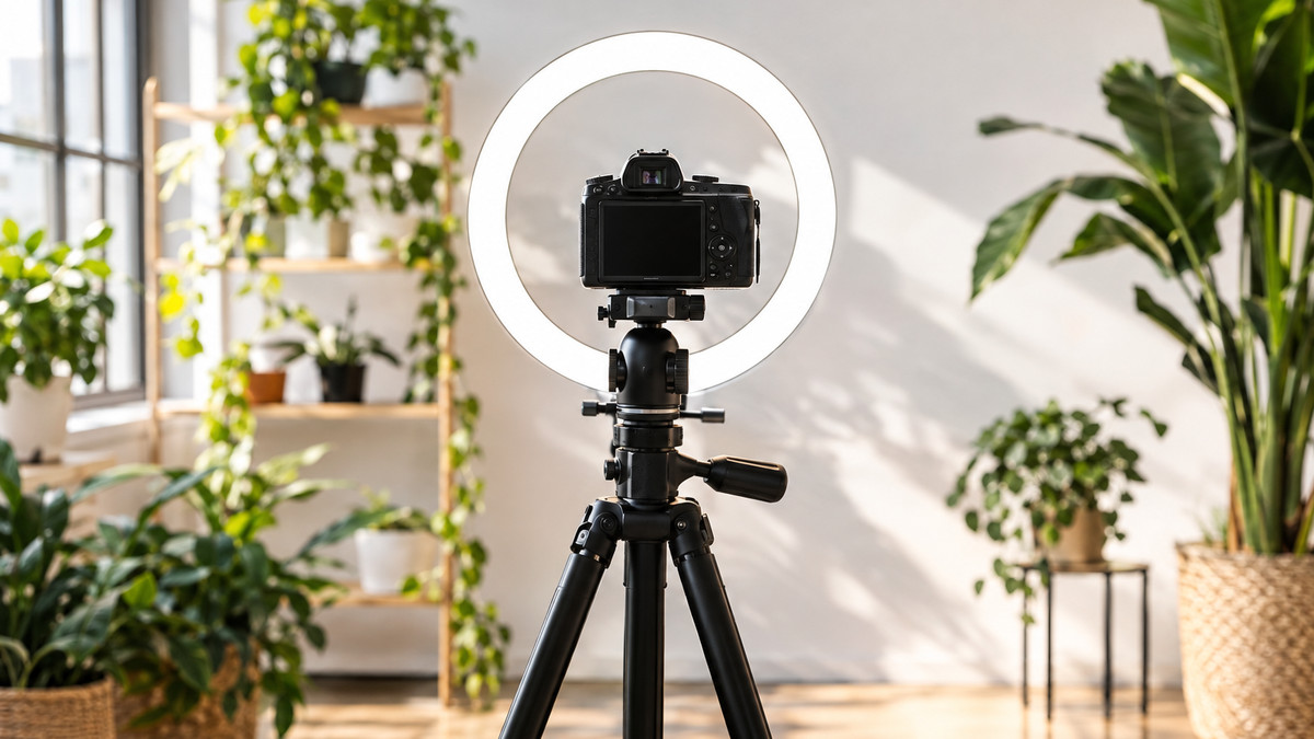 Kamera und Ringleuchte in einem kleinen Content-Studio