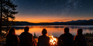 Gruppe am Lagerfeuer am Seeufer in der Abenddämmerung
