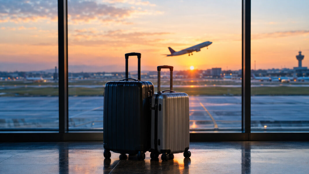 Gepackte Koffer vor der Glasfront eines Flughafens bei Sonnenaufgang