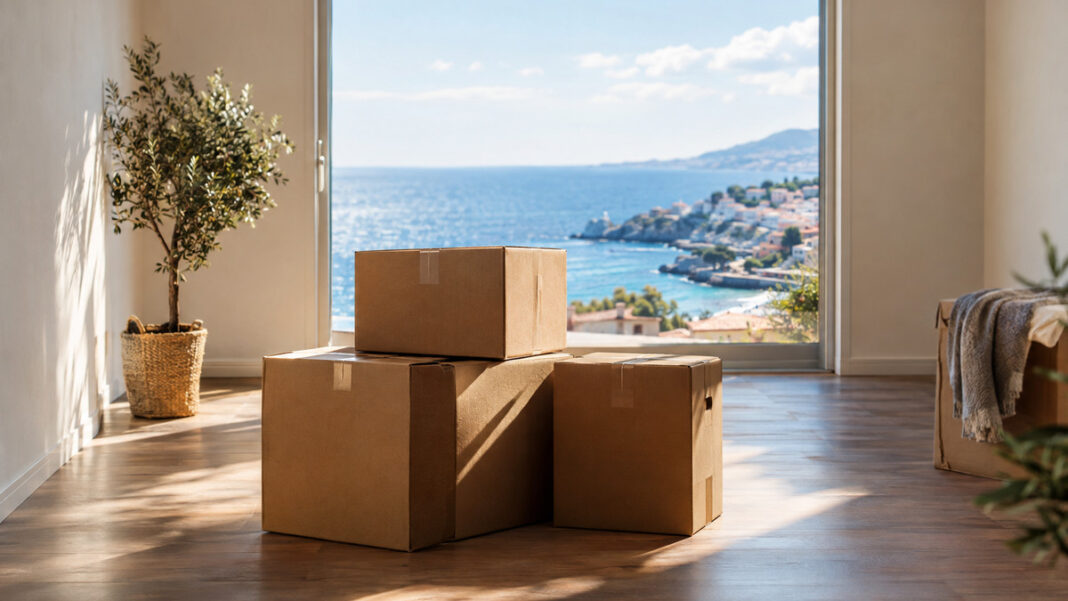 Umzugskartons in einem Zimmer mit Blick aufs Meer
