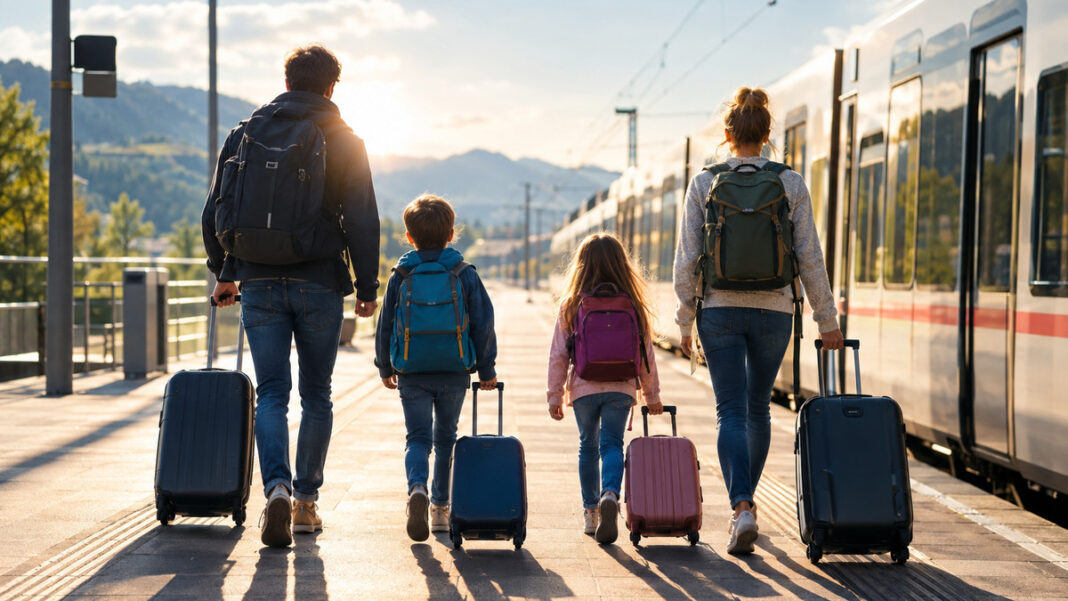 Familie auf Reisen Familie mit Kindern und Gepäck auf einem Bahnsteig