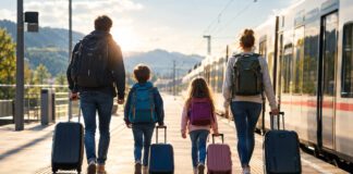 Familie mit Kindern und Gepäck auf einem Bahnsteig