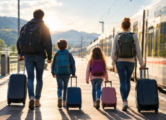 Familie mit Kindern und Gepäck auf einem Bahnsteig