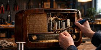 Hände reparieren ein altes Radio in einer Werkstatt