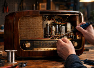 Hände reparieren ein altes Radio in einer Werkstatt