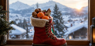 Gefüllter Nikolausstiefel auf dem Fensterbrett
