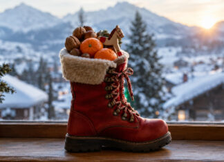 Gefüllter Nikolausstiefel auf dem Fensterbrett