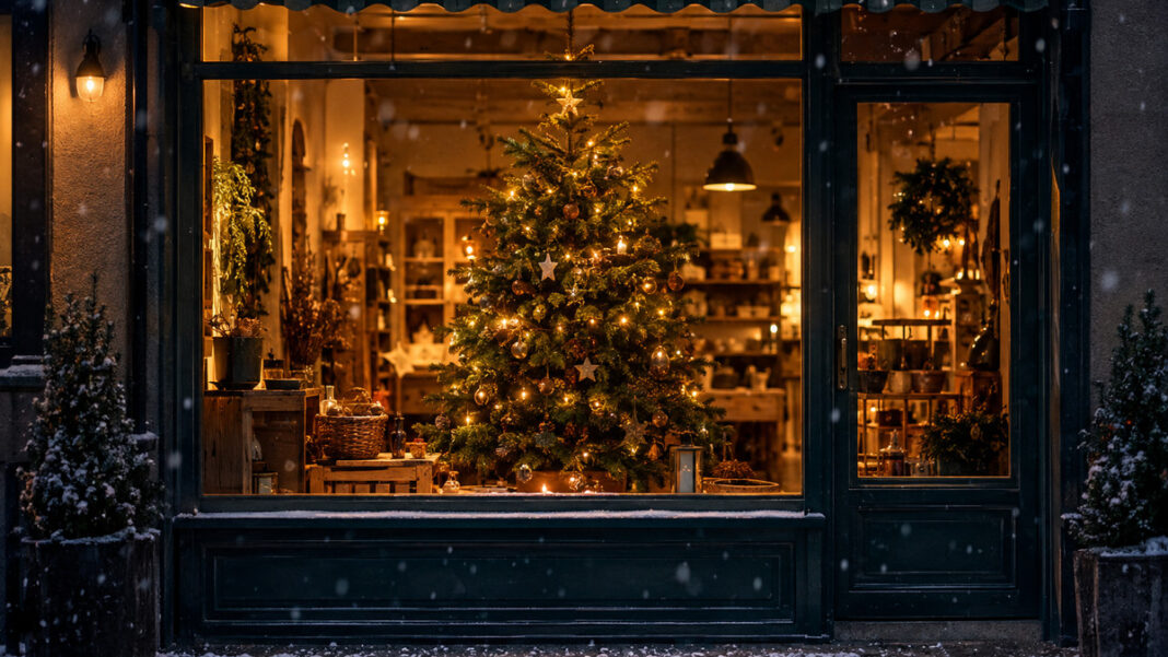 Geschmückter Tannenbaum im Schaufenster einer Manufaktur bei Schnee