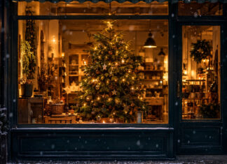 Die Gründerfreunde wünschen frohe Weihnachten Geschmückter Tannenbaum im Schaufenster einer Manufaktur bei Schnee