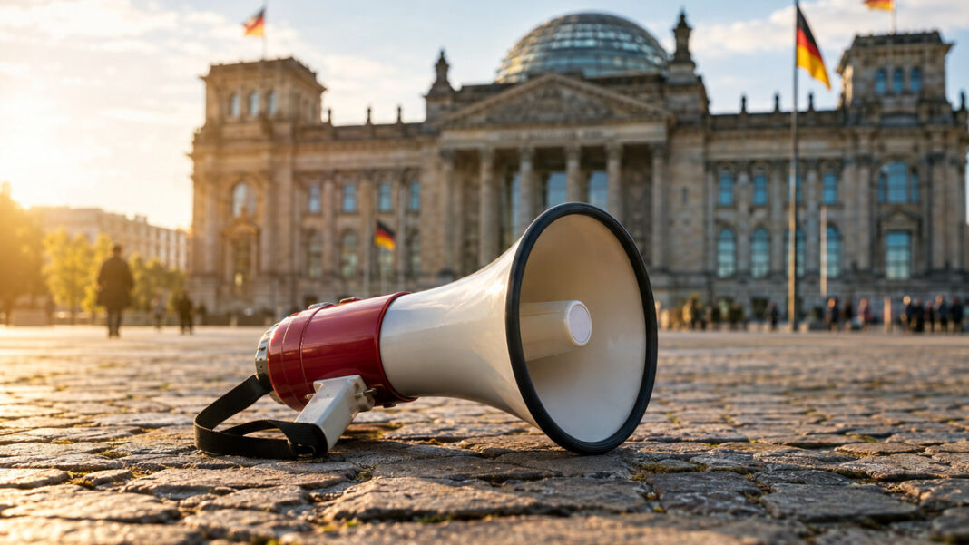 Megafon Megafon auf dem Pflaster vor einem Regierungsgebäude