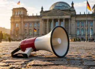 Erster bundesweiter Gründer-Streik: Start-ups fordern Mindestlohn für Entrepreneure Megafon auf dem Pflaster vor einem Regierungsgebäude