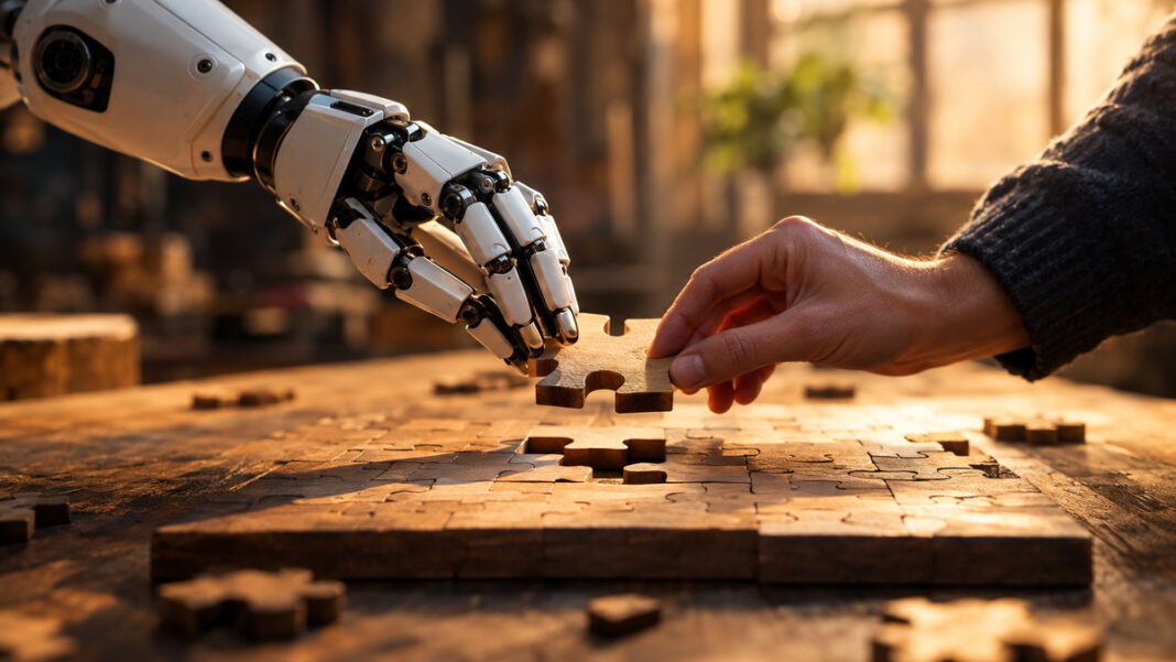 Roboterarm und Menschenhand setzen gemeinsam ein Holzpuzzle zusammen